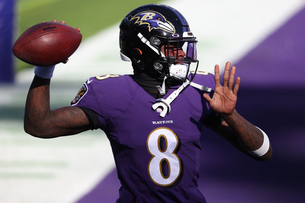 Quarterback Lamar Jackson #8 of the Baltimore Ravens in action against the New York Giants at M&amp;T Bank Stadium on December 27, 2020 in Baltimore, Maryland.