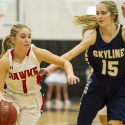 Alta guard Mariah Martin drives against Skyline guard Hannah Anderl during a UHSAA basketball game in Sandy on Friday, Dec. 2, 2016.
