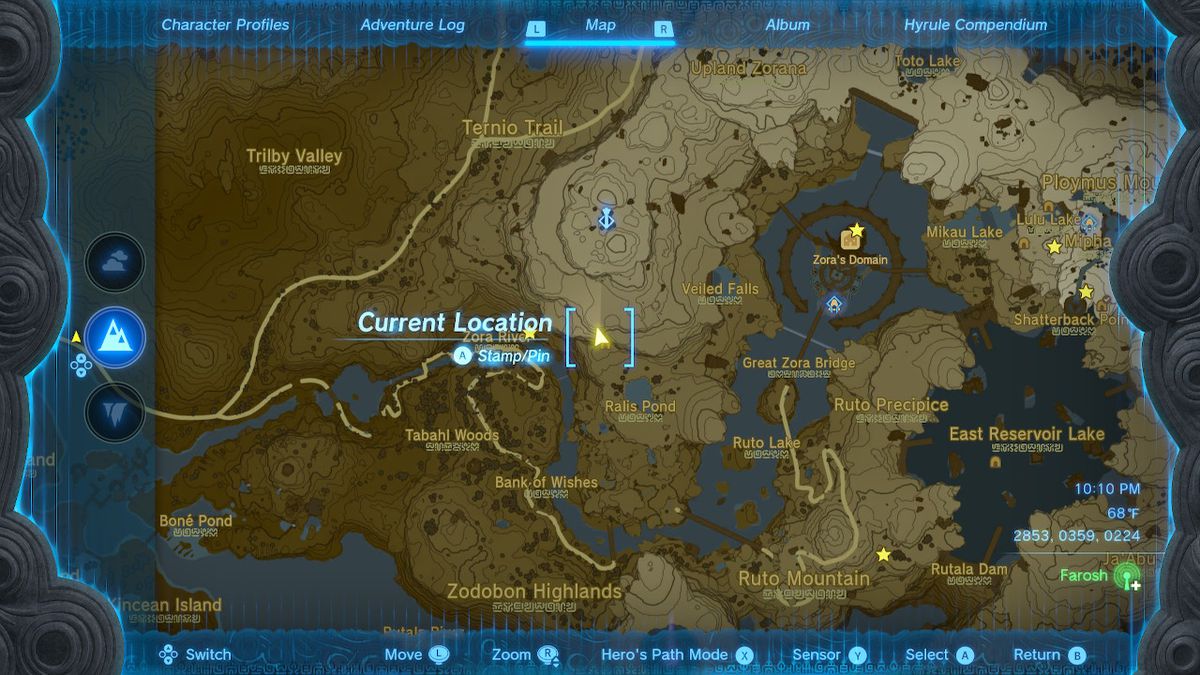 A screenshot of the map location for Upland Zorana Byroad in Zelda: Tears of the Kingdom
