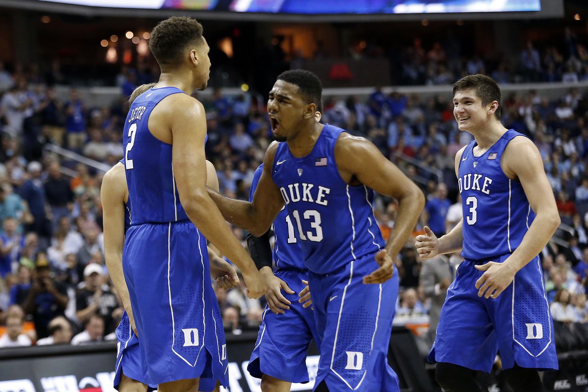 Mar 10, 2016; Washington, DC, USA; Duke Blue Devils forward Chase Jeter (2) celebrates with teammates after a basket against the Notre Dame Fighting Irish in the first half during day three of the ACC conference tournament at Verizon Center. 