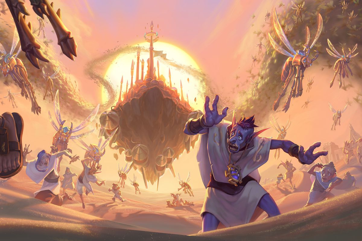 Hearthstone - the citizens of Uldum flee as the floating city of Dalaran approaches. The sun is rising behind Dalaran, and sand is blowing everywhere, causing chaos.