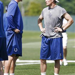 Indianapolis Colts quarterback Peyton Manning, left, talks to rookie wide receiver Austin Collie during practice. 