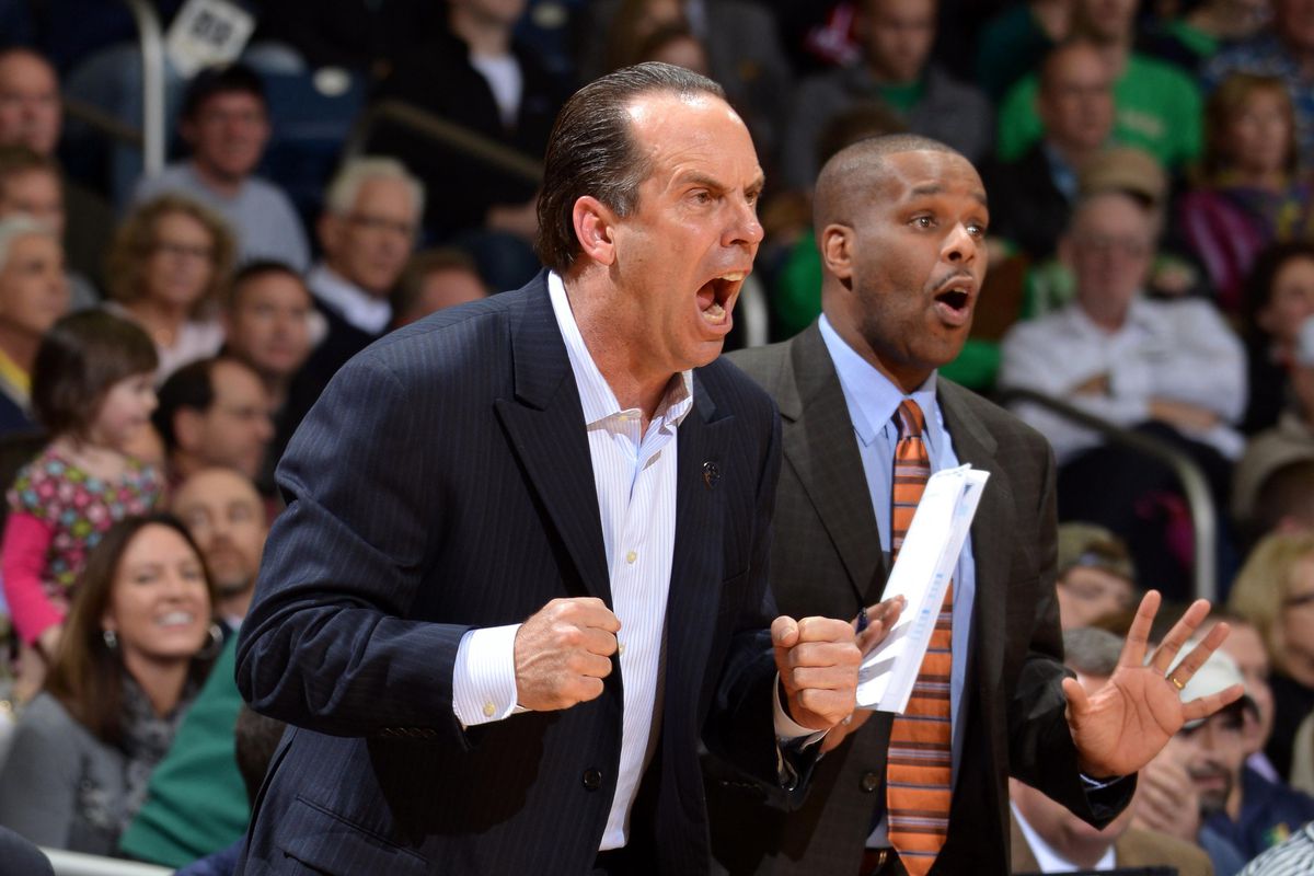 Mike Brey is very angry that he was forced to wear a shirt with a collar.