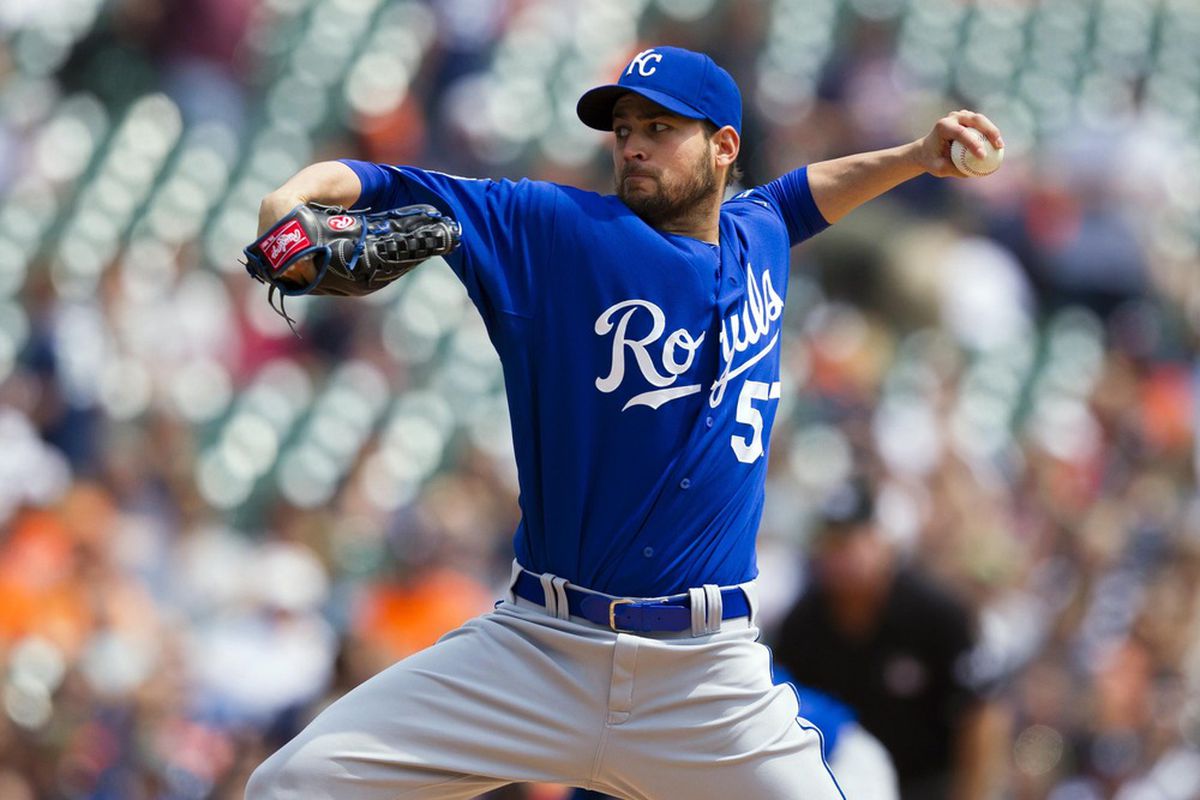 May 2, 2012; Detroit, MI, USA; Kansas City Royals starting pitcher Jonathan Sanchez (57) pitches during the first inning against the Detroit Tigers at Comerica Park.  Mandatory Credit: Rick Osentoski-US PRESSWIRE