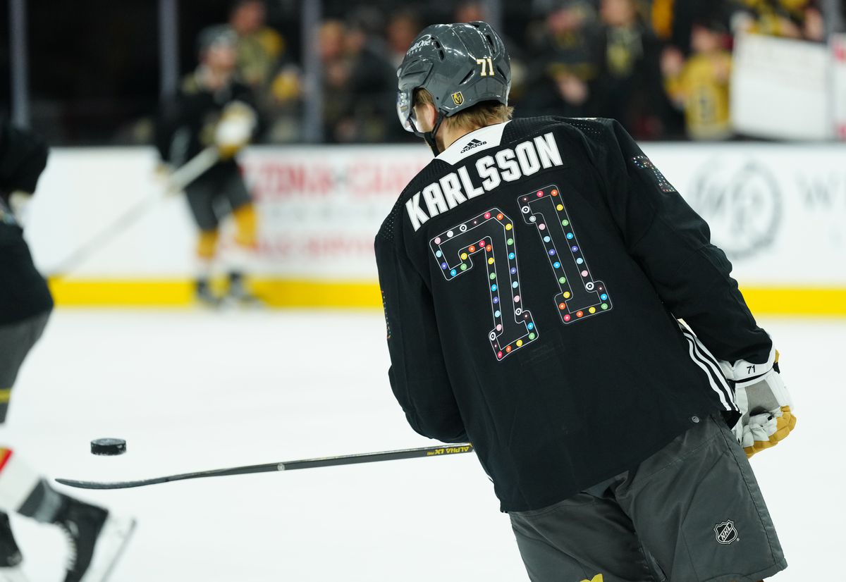 William Karlsson of the Vegas Golden Knights warms up wearing a Pride jersey. 