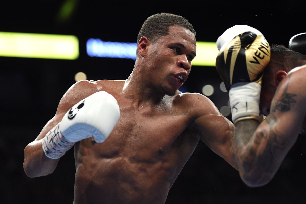 Devin Haney (L) and Jorge Linares battle during their WBC lightweight title fight at Michelob ULTRA Arena on May 29, 2021 in Las Vegas, Nevada. Haney won by unanimous decision.