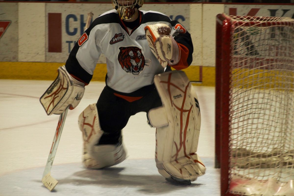 Tyler Bunz alert and ready in net for the Tigers game one of the WHL Eastern Conference finals.