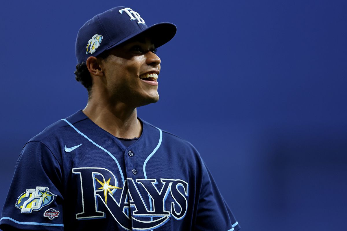 Taj Bradley of the Tampa Bay Rays pitches during a game against the Boston Red Sox at Tropicana Field on April 12, 2023 in St Petersburg, Florida.