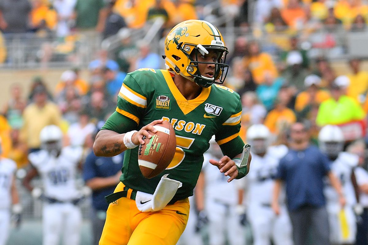 Quarterback Trey Lance #5 of the North Dakota State Bison looks to pass against the Butler Bulldogs during their game at Target Field on August 31, 2019 in Minneapolis, Minnesota.