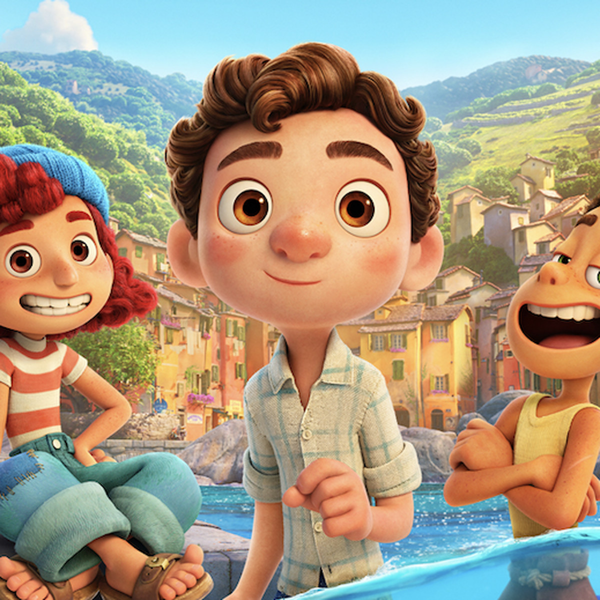 the poster for luca, revealing a boy standing at the center. his feet are in water and they are scaly and sea monster-like, next to him is a smiling boy with the same sea monster bottom, and a girl on land