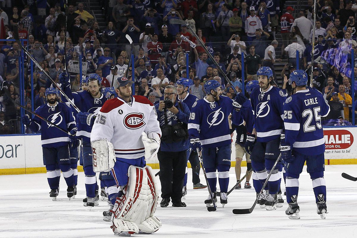 The Tampa Bay Lightning celebrate their 4-1 series clinching win in Game 6 against the Montreal Canadiens Tuesday night in Tampa.