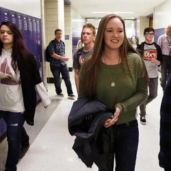 Hannah Perkins performed CPR on Caleb Barlow and helped save his life. She walks to class at Riverton High School in Riverton, Thursday, Feb. 5, 2015.