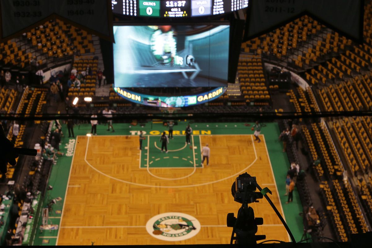 View from the TD Garden catwalk of a SportVU camera, one of six in the arena.
