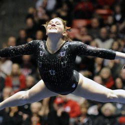 Utah's Becky Tutka competes in the floor portion of a contest against UCLA at the Jon M. Huntsman Center on Saturday, Jan. 25, 2014.
