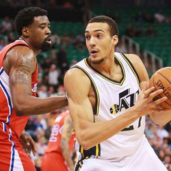 Utah Jazz center Rudy Gobert (27) spins around Los Angeles Clippers center DeAndre Jordan (6) as the Utah Jazz and the Las Angeles Clippers play Wednesday, Jan. 28, 2015, at EnergySolutions Arena in Salt Lake City. 