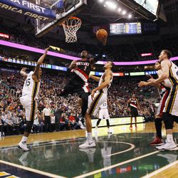 Portland Trail Blazers guard Wesley Matthews (2) goes for two against the Jazz Friday, Feb. 20, 2015, at EnergySolutions Arena in Salt Lake City. The Jazz beat the Blazers, 92-76.