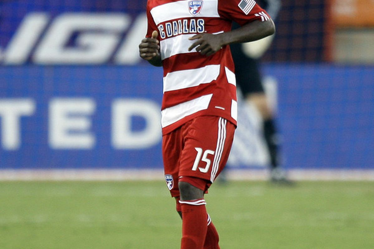 HOUSTON - MAY 28:  Forward Fabian Castillo #15 of FC Dalls comes up hobbling in the first half against the Houston Dynamo at Robertson Stadium on May 28, 2011 in Houston, Texas.  (Photo by Bob Levey/Getty Images)