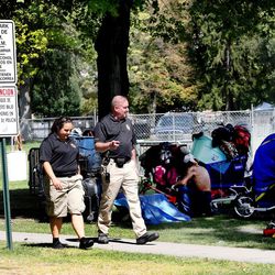 Police presence in the Rio Grande area has forced many of the homeless out and into surrounding areas, including Pioneer Park in Salt Lake City on Wednesday, Aug. 16, 2017.