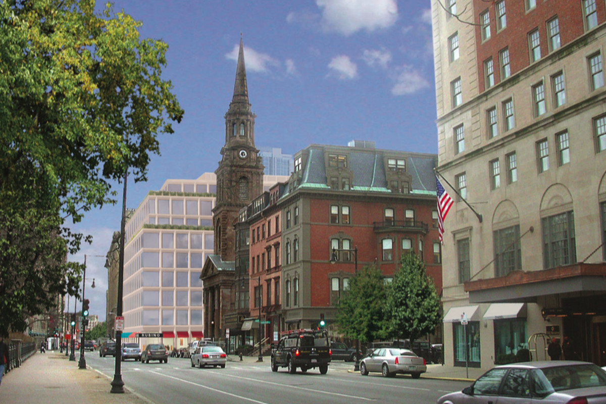 Rendering of a nine-story office building along a low-rise street.