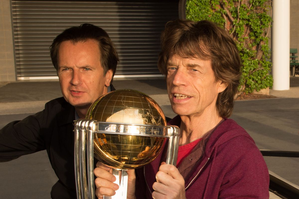 Mick Jagger Poses With The ICC Cricket World Cup Trophy