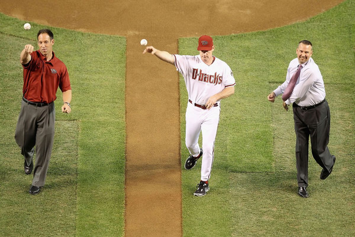 Luis Gonzalez, Matt Williams and Mark Grace throw out the ceremonial first pitch before the game. Now, which one of these pitched in a major-league contest again?