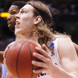 Gonzaga's Kelly Olynyk slips the Southern defense for an easy layup as Gonzaga and Southern play Thursday, March 21, 2013 in the second round of the NCAA tournament at EnergySolutions Arena. Gonzaga won 64-58.