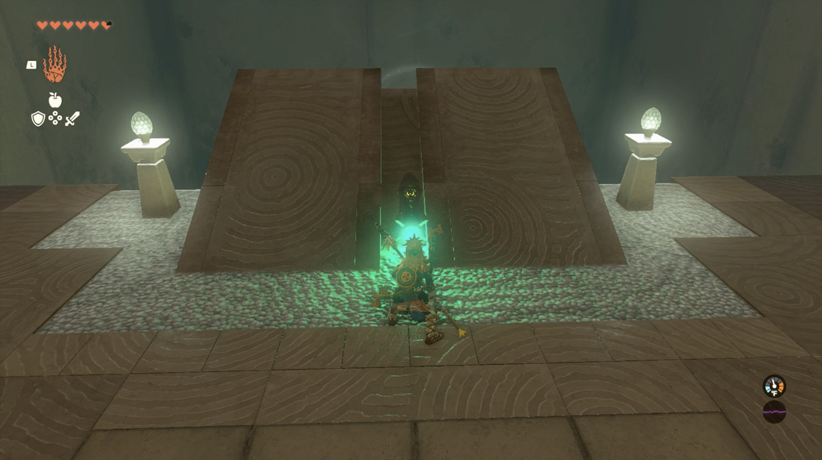 An image of Link in the Oromuwa shrine in The Legend of Zelda: Tears of the Kingdom. He is firing a rocket off of a ramp.