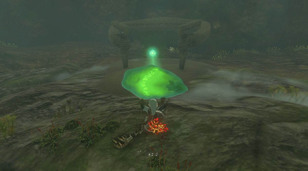 Link carries the En-oma Shrine crystal to the shrine in Zelda: Tears of the Kingdom