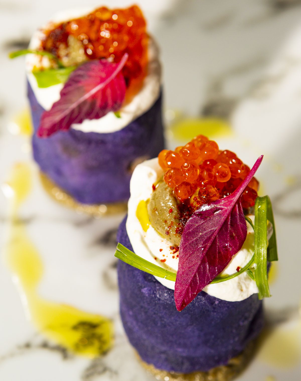 Purple potatoes with red trout roe.