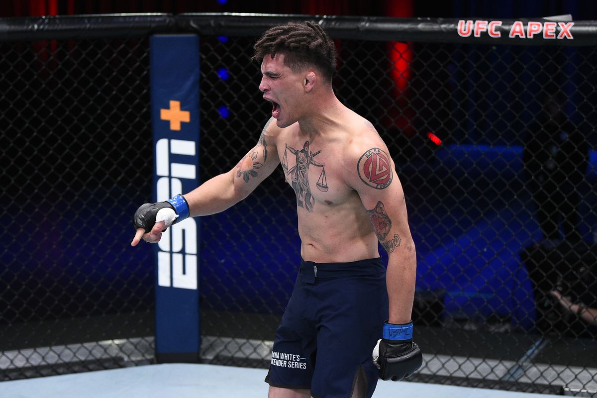 Jordan Williams reacts after defeating Gregory Rodrigues by KO in their middleweight bout during week seven of Dana White’s Contender Series season four at UFC APEX on September 15, 2020 in Las Vegas, Nevada.