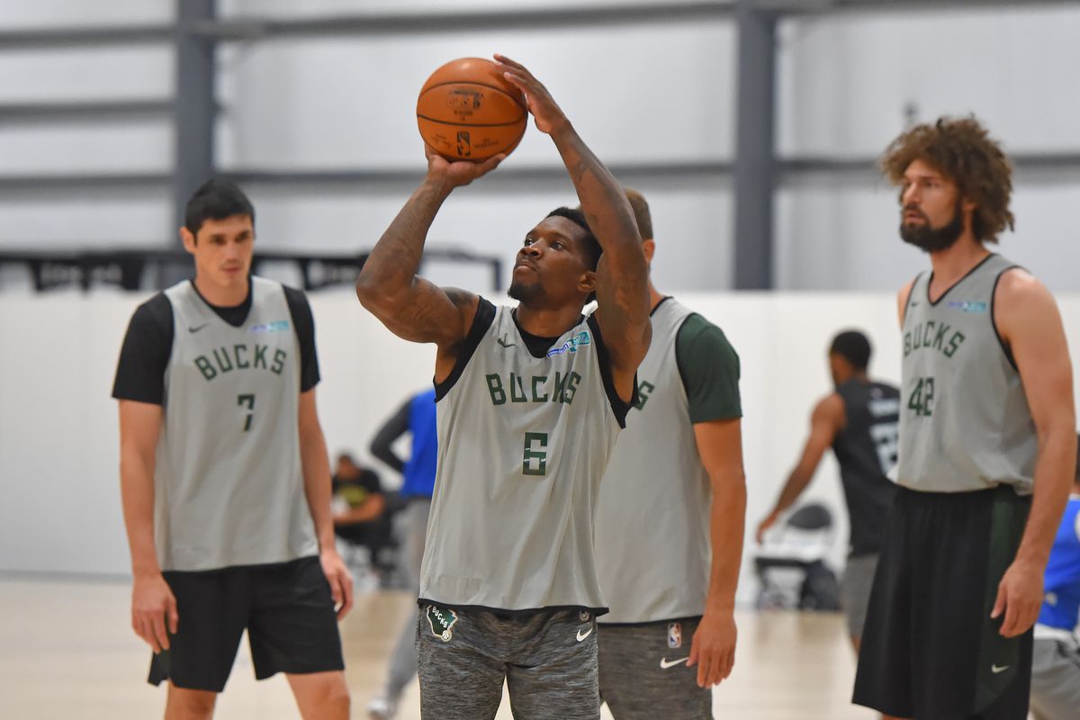 Eric Bledsoe of the Milwaukee Bucks shoots the ball during practice as part of the NBA Restart 2020 on July 27, 2020 in Orlando, Florida.