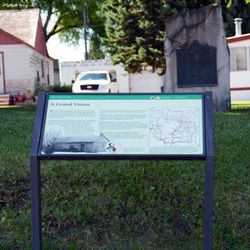 This interpretive panel is at the site of Brigham Young's summer home in Soda Springs, Idaho. It details his role in the establishment of the settlement, beginning in 1870.