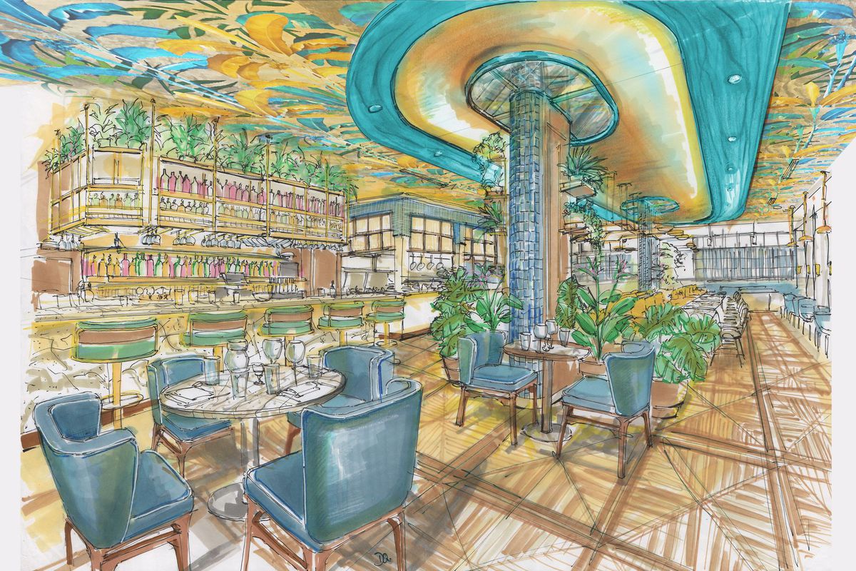 A colorful painted rendering of a leafy interior space with blue chairs and lots of yellow.