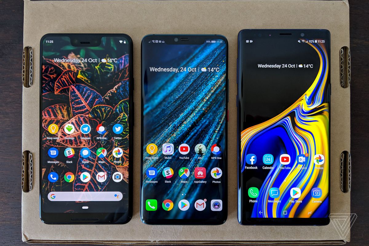 From left: Google’s Pixel 3 XL, Huawei’s Mate 20 Pro, and Samsung’s Galaxy Note 9