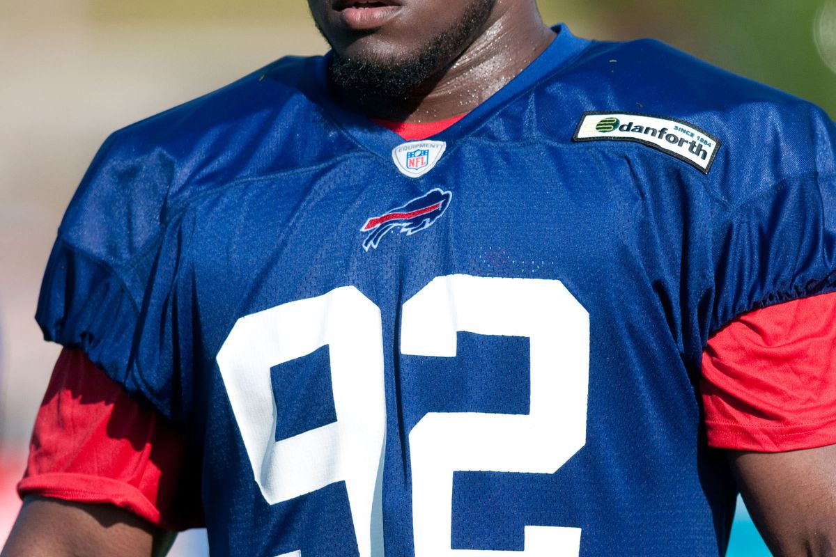 July 27, 2012; Pittsford, NY, USA; Buffalo Bills defensive end Alex Carrington (92) during a training camp practice at St. John Fisher College.   Mandatory Credit: Mark Konezny-US PRESSWIRE