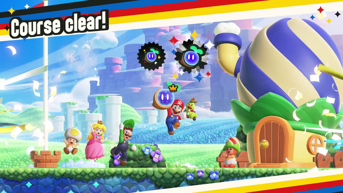 A jubilant Course Clear! screen in Super Mario Bros. Wonder