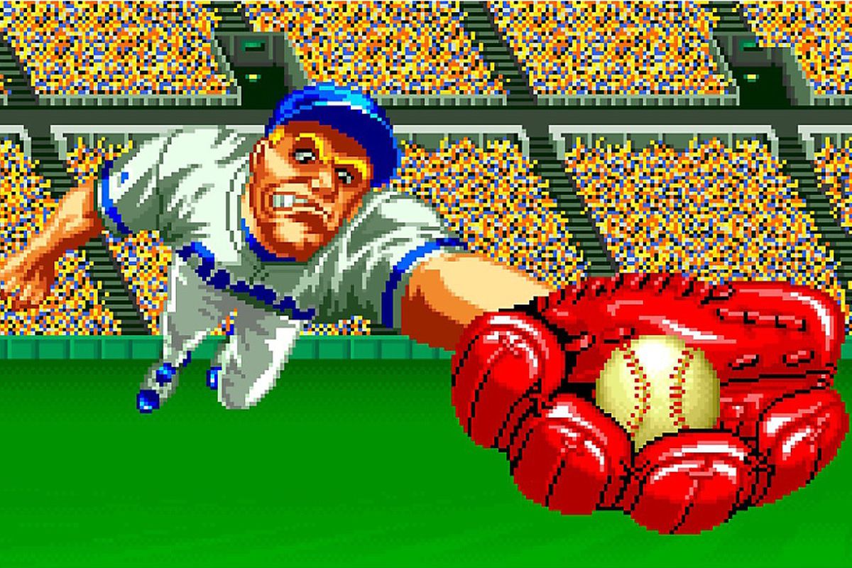A screenshot of a player catching a ball in Baseball Stars 2