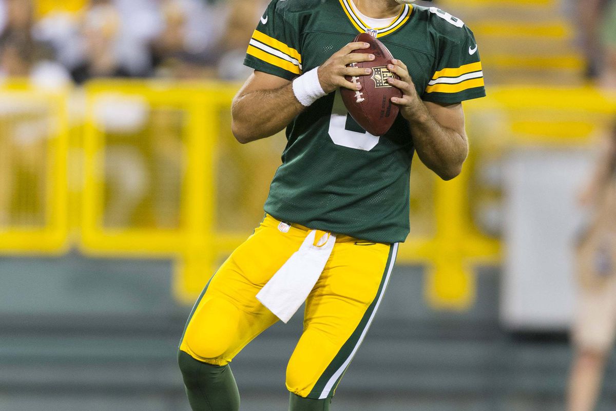 Aug 16, 2012; Green Bay, WI, USA; Green Bay Packers quarterback Graham Harrell (6) drops back to pass during the game against the Cleveland Browns at Lambeau Field.  The Browns defeated the Packers 35-10.  Mandatory Credit: Jeff Hanisch-US PRESSWIRE