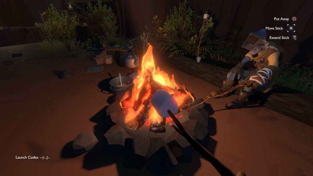 an image of a marshmallow being roasted in outer wilds. there is an alien sitting next to the fire.