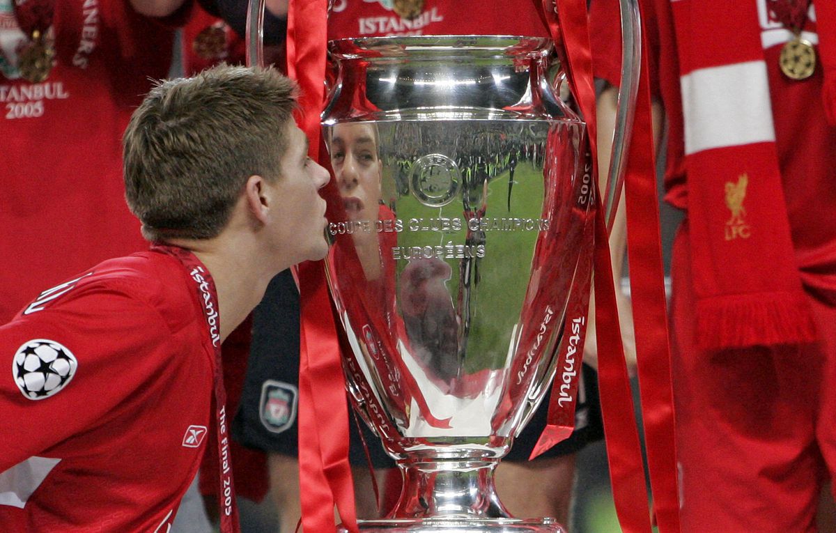 Liverpool captain Steven Gerrard kisses the trophy at the presentation ceremony after the Liverpool v AC Milan UEFA Champions League Final 2005 at the Ataturk Stadium, Istanbul on May 25th 2005 in Turkey  &nbsp;  