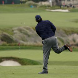 Phil Mickelson reacts to his shot from the fairway on the 10th hole during the second round of the U.S. Open golf tournament Friday, June 14, 2019, in Pebble Beach, Calif. (AP Photo/Carolyn Kaster)