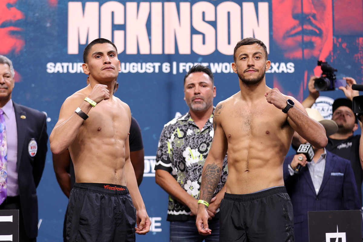 Vergil Ortiz and Michael McKinson face off after weigh-in