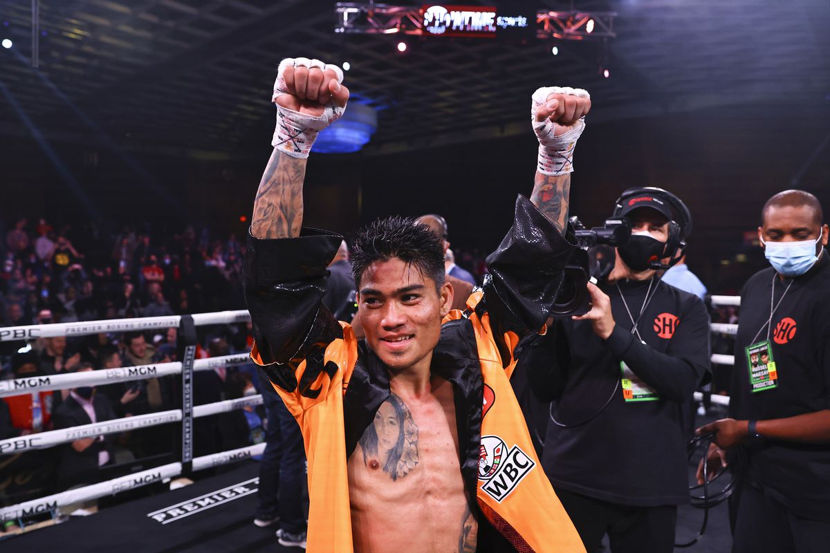 Mark Magsayo reacts after fighting Gary Russell Jr. for the WBC World Featherweight Championship at the Borgata Hotel Casino &amp; Spa on January 22, 2022 in Atlantic City, United States.