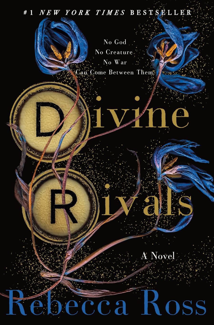 Cover for Rebecca Ross’s Divine Rivals. The D and R are enclosed in circles, while flowers spread around the rest of the cover.