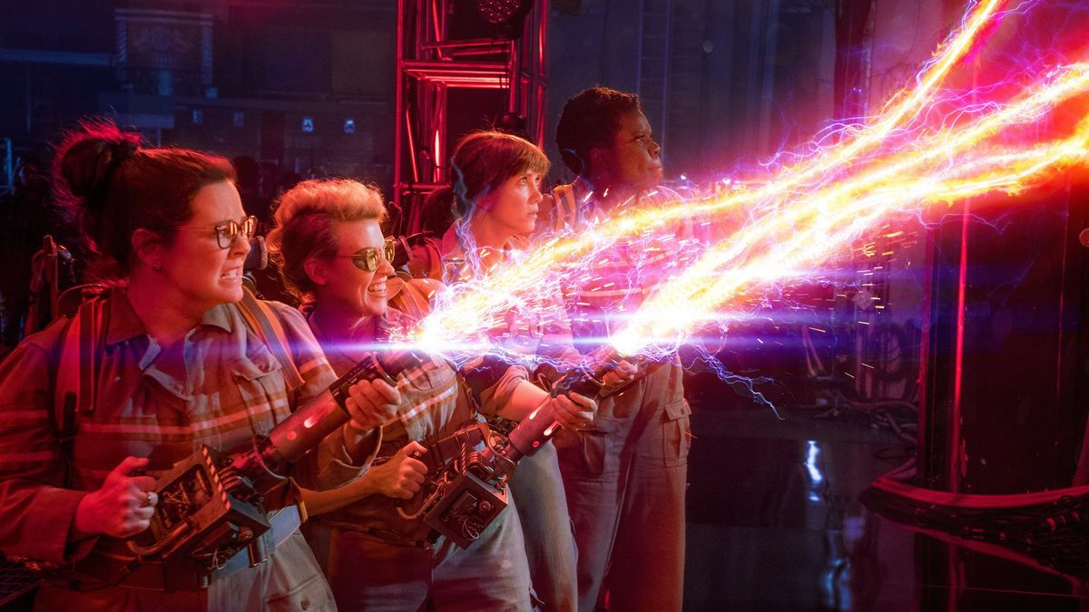 The Ghostbusters ladies firing pink laser-like guns.
