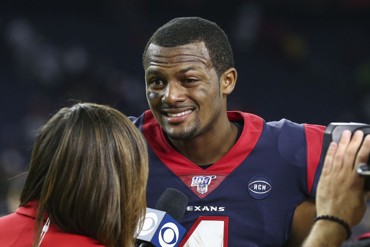 Houston Texans quarterback Deshaun Watson is interviewed after the game against the Oakland Raiders at NRG Stadium.