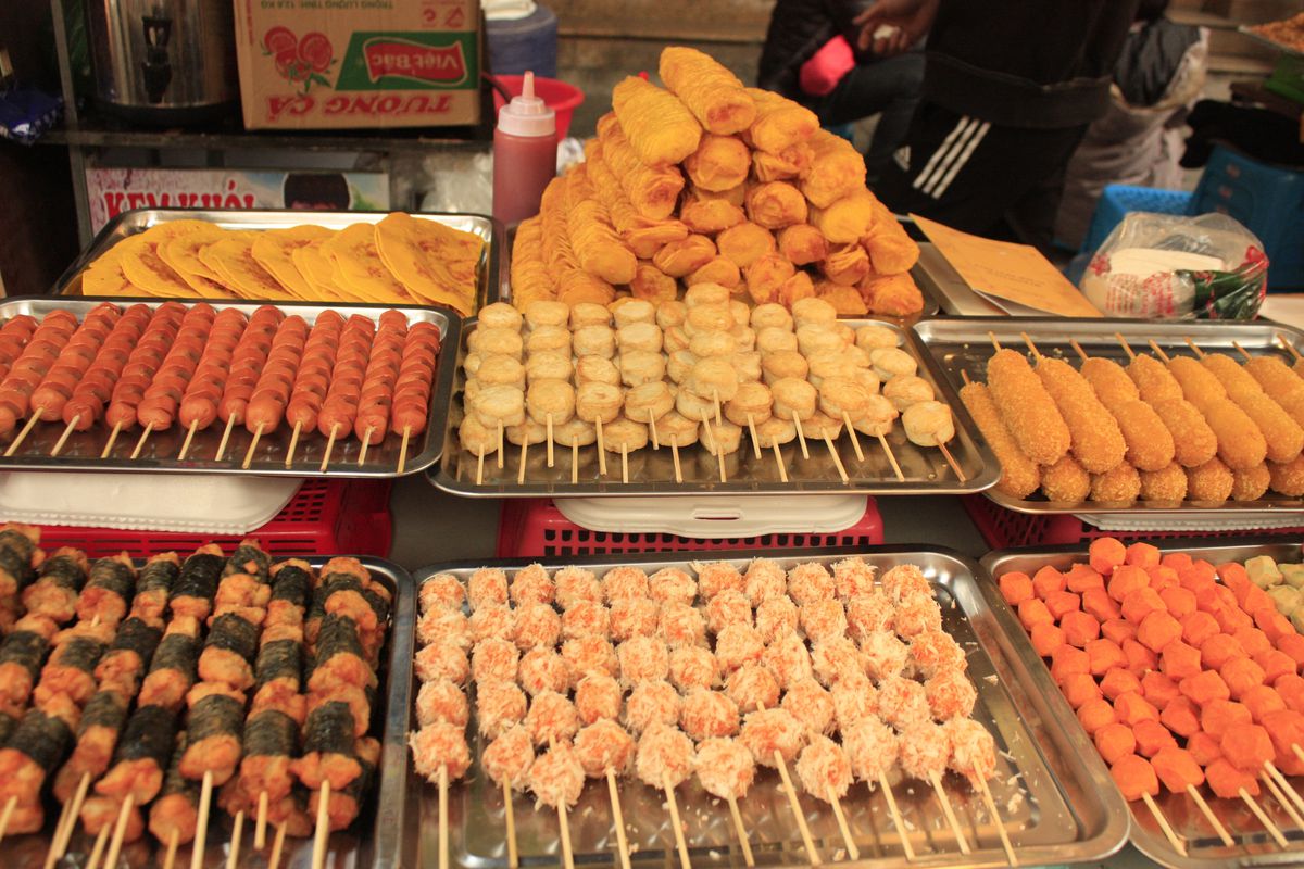 Ha Noi city, Vietnam in January 2023, showing colorful food prepared for tet holidays.