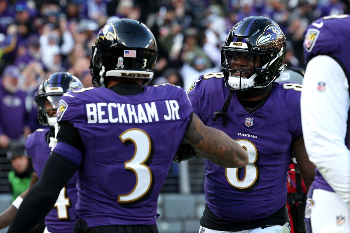 Odell Beckham Jr. #3 of the Baltimore Ravens celebrates with Lamar Jackson #8 after scoring a touchdown against the Cleveland Browns during the third quarter at M&amp;T Bank Stadium on November 12, 2023 in Baltimore, Maryland.