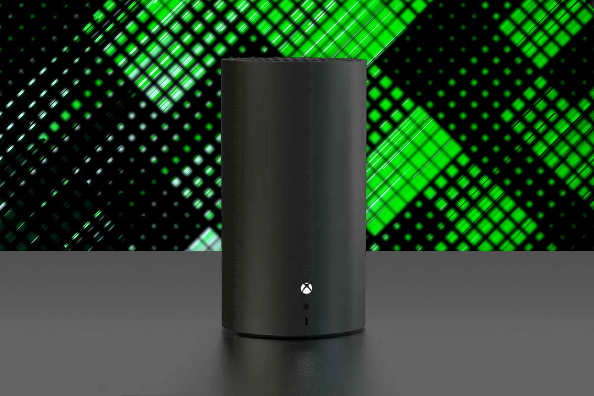 the cylindrical midcycle redesign of the Xbox Series X, codenamed “Brooklin,” standing upright on a gray table, in front of a background of green and black diamonds