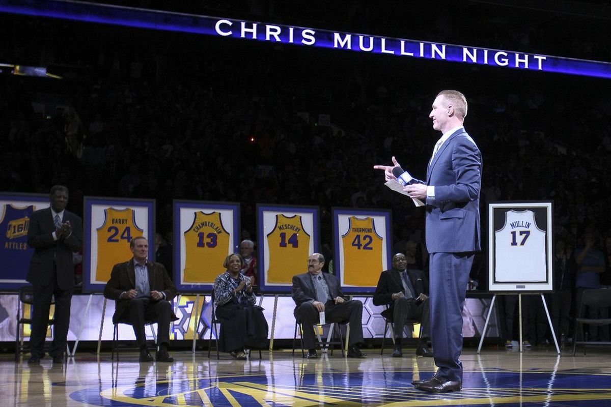 March 19, 2012; Oakland, CA, USA; Golden State Warriors former player Chris Mullin speaks during the half time ceremony to retire his #17 jersey at Oracle Arena. Mandatory Credit: Kelley L Cox-US PRESSWIRE